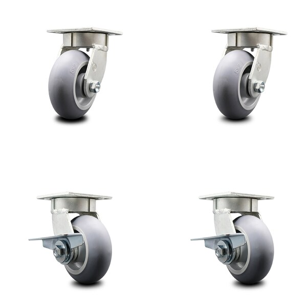 5 Inch Kingpinless Thermoplastic Rubber Wheel Swivel Caster Set with 2 Brakes